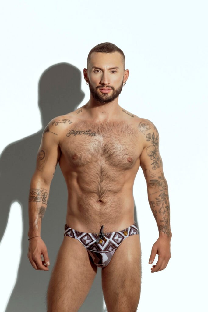 Men's tribal print swim brief for gay men, stylish and bold