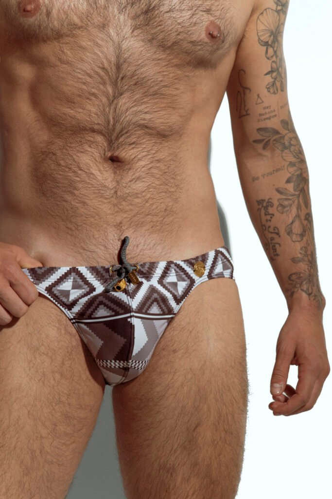 Men's tribal print swim brief for gay men, stylish and bold