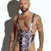 Men's tribal print swim bodysuit with high-cut design, ideal for gay men seeking unique and bold swimwear