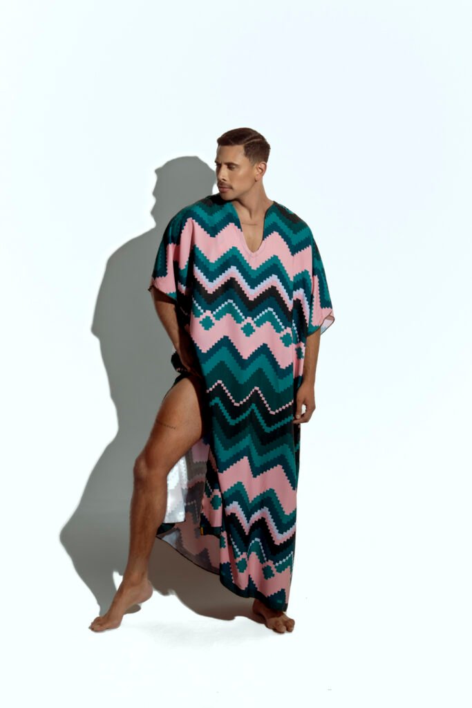 Men's vibrant geometric caftan, perfect for beachwear or resort fashion, designed for gay men who love bold, statement-making style