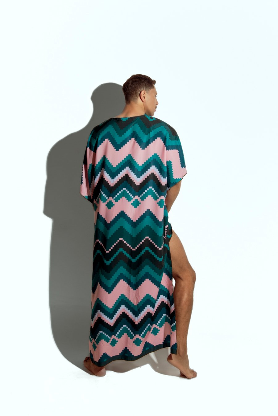 Men's vibrant geometric caftan, perfect for beachwear or resort fashion, designed for gay men who love bold, statement-making style