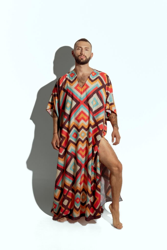 Men's vibrant geometric caftan, perfect for beachwear or resort fashion, designed for gay men who love bold, statement-making style