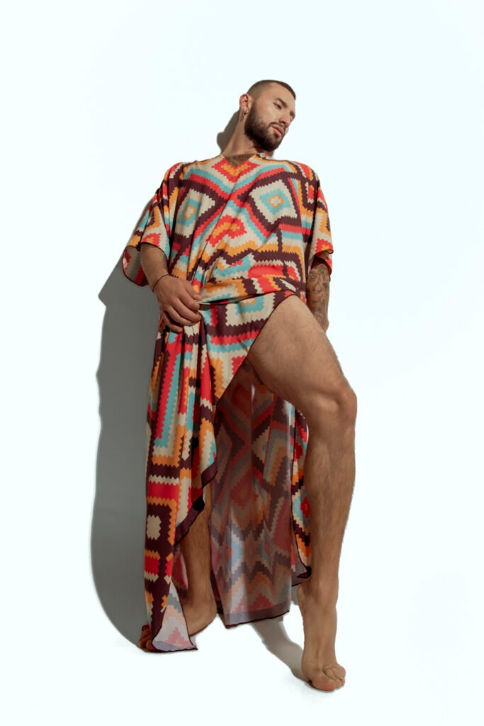 Men's vibrant geometric caftan, perfect for beachwear or resort fashion, designed for gay men who love bold, statement-making style