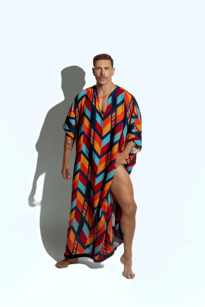 Men's vibrant geometric caftan, perfect for beachwear or resort fashion, designed for gay men who love bold, statement-making style