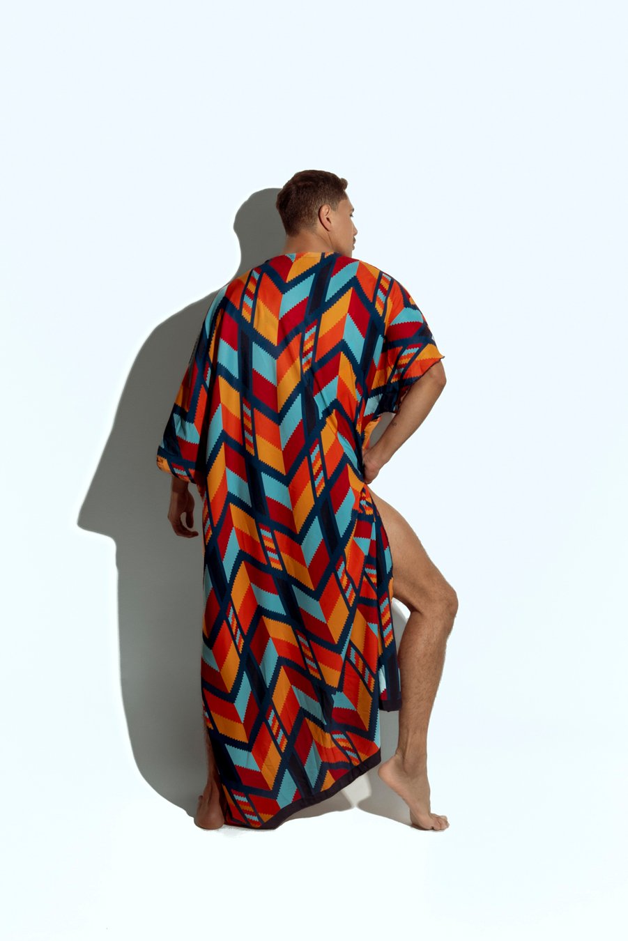 Men's vibrant geometric caftan, perfect for beachwear or resort fashion, designed for gay men who love bold, statement-making style