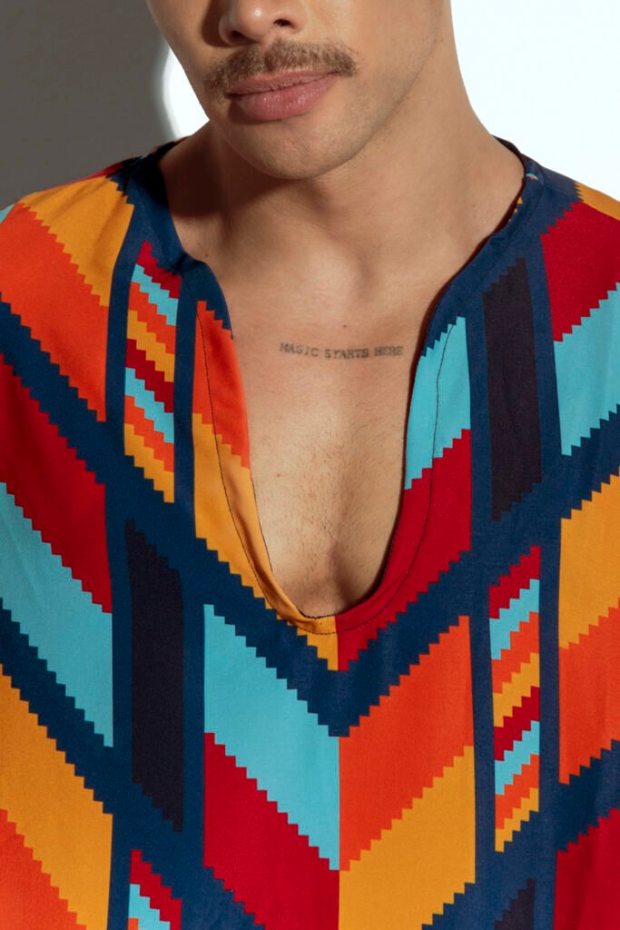 Men's vibrant geometric caftan, perfect for beachwear or resort fashion, designed for gay men who love bold, statement-making style