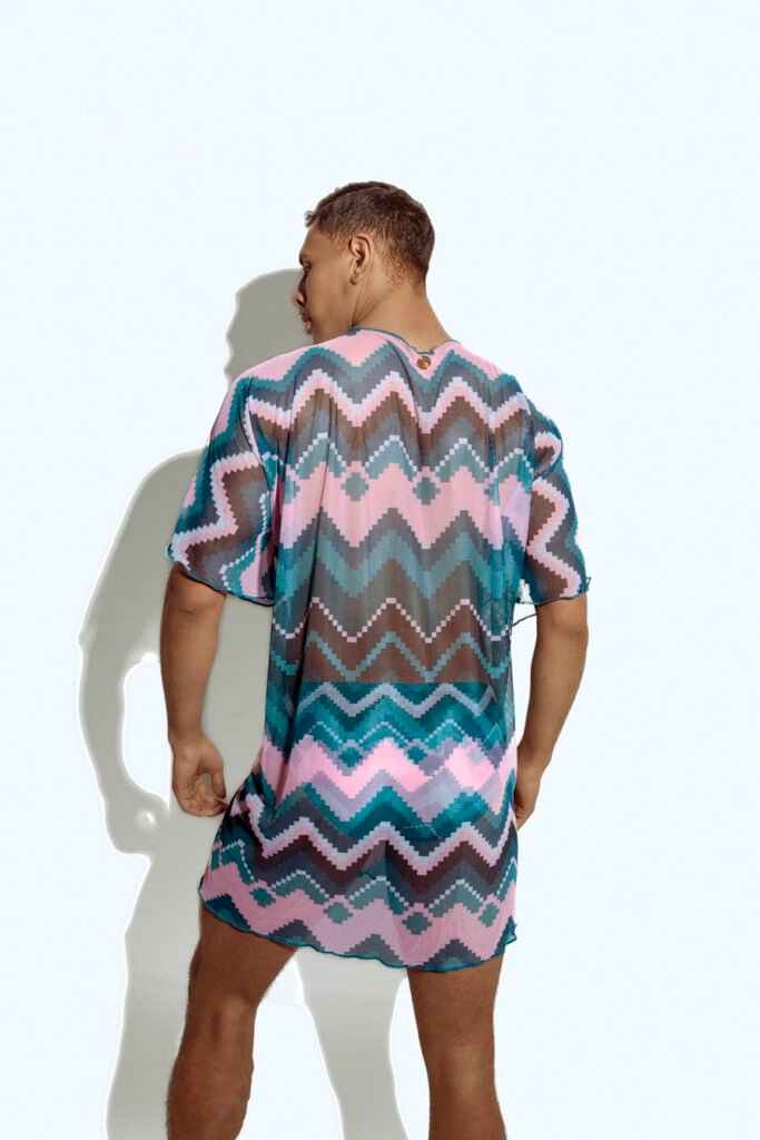 Men's sheer geometric cover-up, perfect for stylish beachwear or poolside fashion, designed for gay men who embrace bold, unique looks