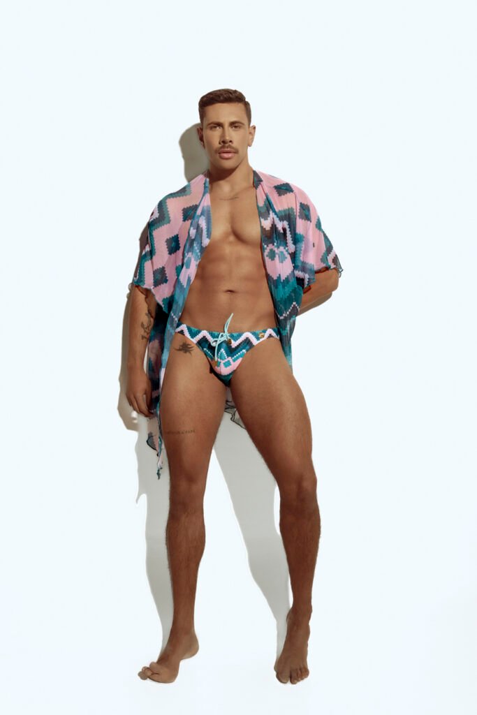 Men's sheer geometric cover-up, perfect for stylish beachwear or poolside fashion, designed for gay men who embrace bold, unique looks