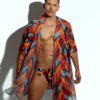 Men's sheer geometric cover-up, perfect for stylish beachwear or poolside fashion, designed for gay men who embrace bold, unique looks