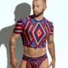 Men's crop top with bold geometric patterns, perfect for fashion-forward gay men seeking unique, trendsetting apparel