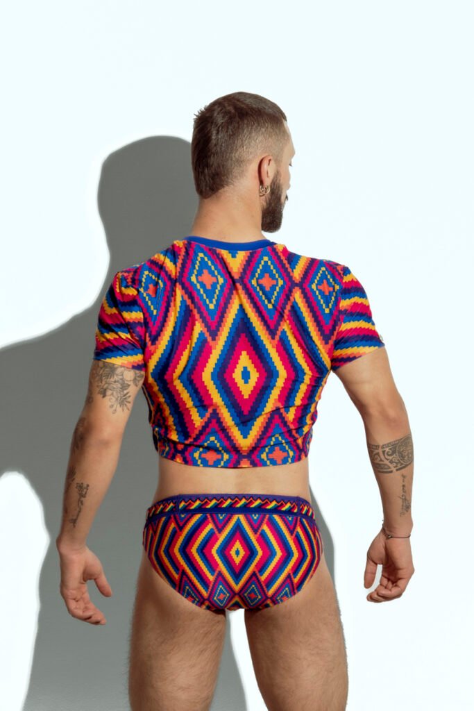 Men's crop top with bold geometric patterns, perfect for fashion-forward gay men seeking unique, trendsetting apparel