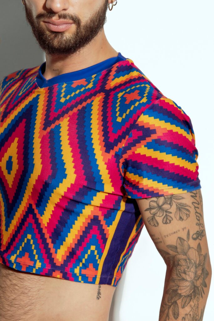 Men's crop top with bold geometric patterns, perfect for fashion-forward gay men seeking unique, trendsetting apparel