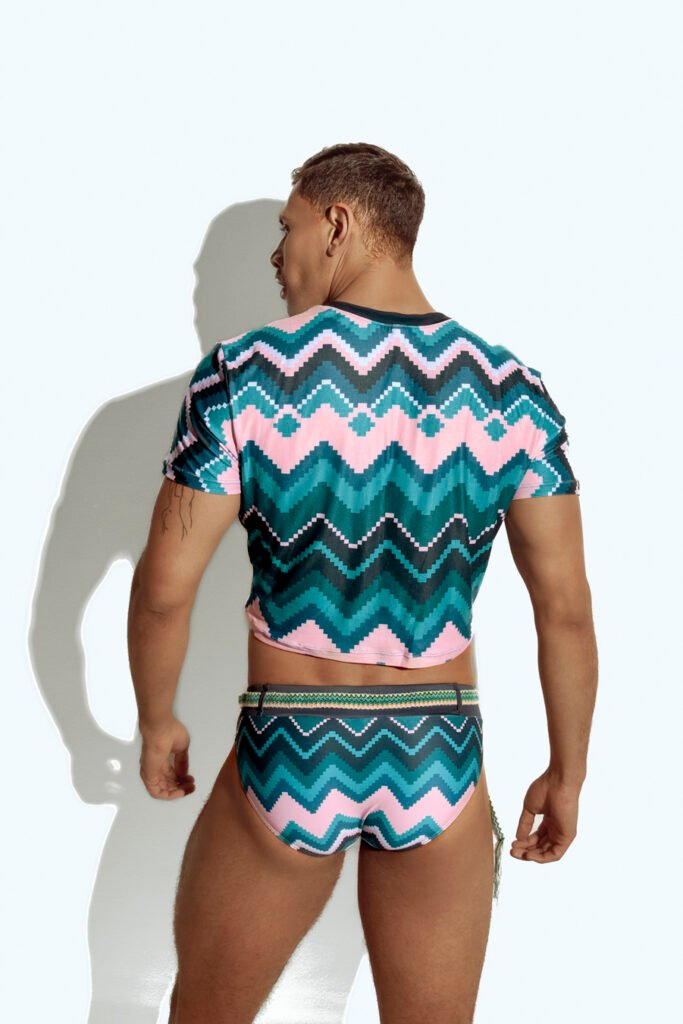 Men's crop top with bold geometric patterns, perfect for fashion-forward gay men seeking unique, trendsetting apparel