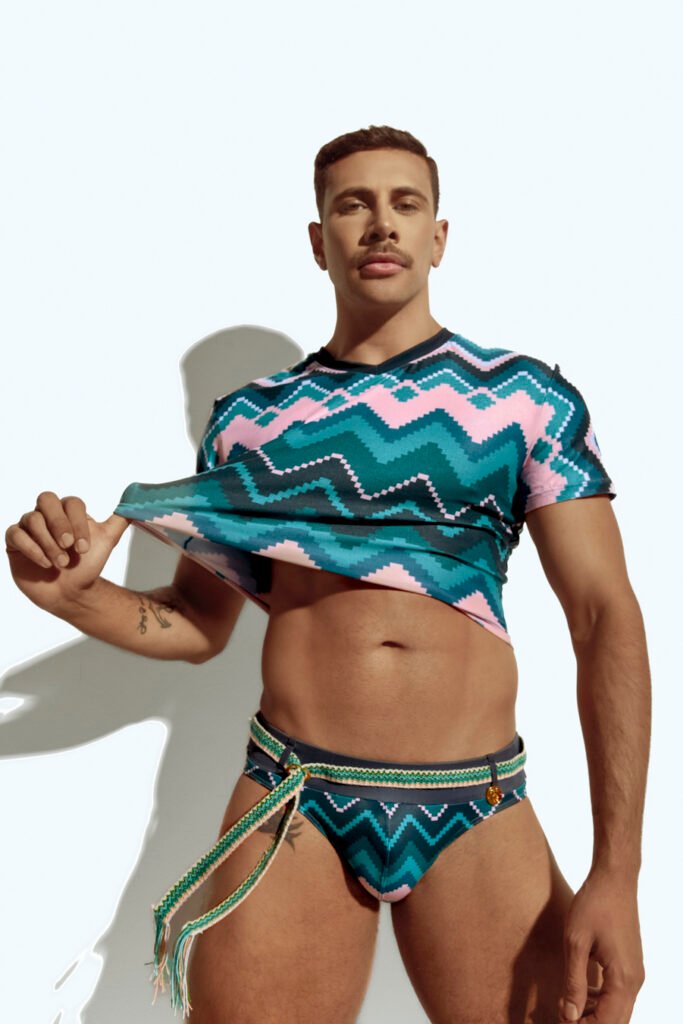 Men's crop top with bold geometric patterns, perfect for fashion-forward gay men seeking unique, trendsetting apparel