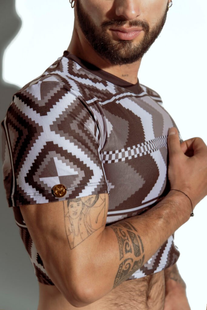 Men's crop top with bold geometric patterns, perfect for fashion-forward gay men seeking unique, trendsetting apparel