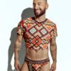 Men's crop top with bold geometric patterns, perfect for fashion-forward gay men seeking unique, trendsetting apparel