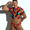 Men's crop top with bold geometric patterns, perfect for fashion-forward gay men seeking unique, trendsetting apparel