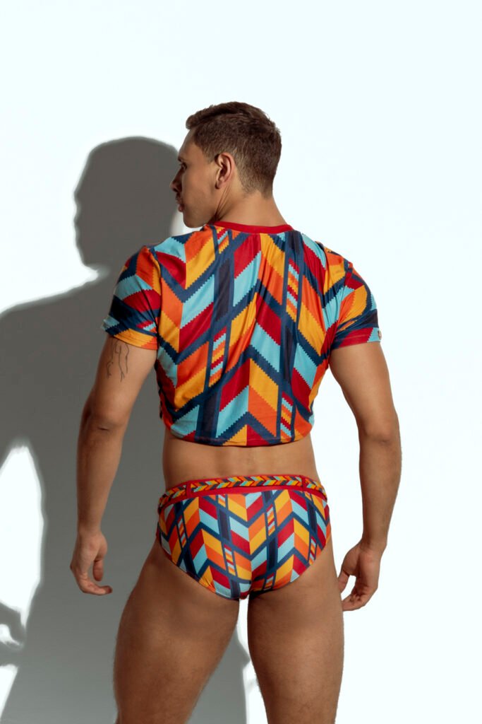 Men's crop top with bold geometric patterns, perfect for fashion-forward gay men seeking unique, trendsetting apparel