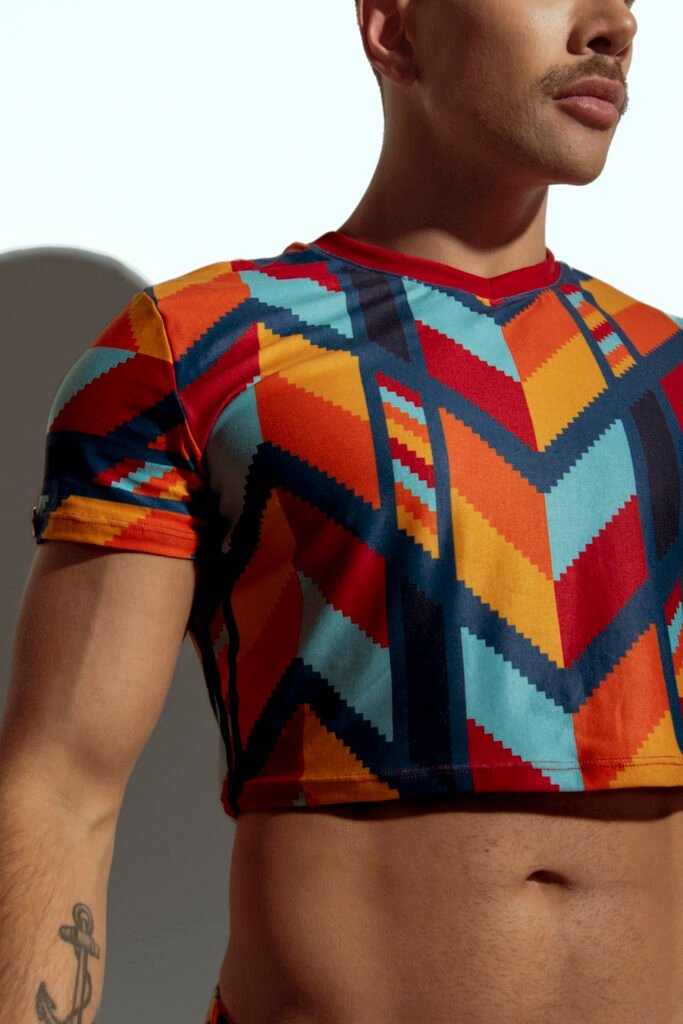 Men's crop top with bold geometric patterns, perfect for fashion-forward gay men seeking unique, trendsetting apparel