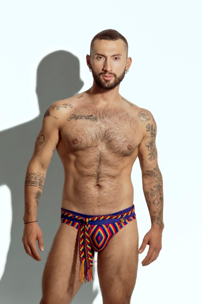 Limited edition men's swim brief with handwoven Wayuu belt, exclusive design for gay men, inspired by Colombian indigenous culture