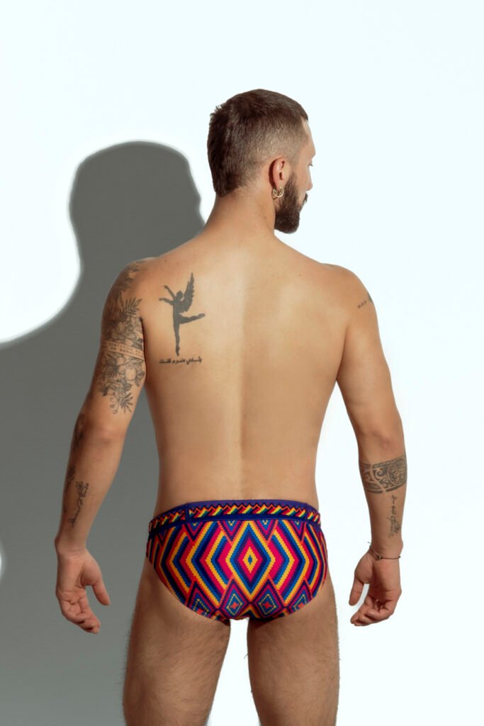 Limited edition men's swim brief with handwoven Wayuu belt, exclusive design for gay men, inspired by Colombian indigenous culture