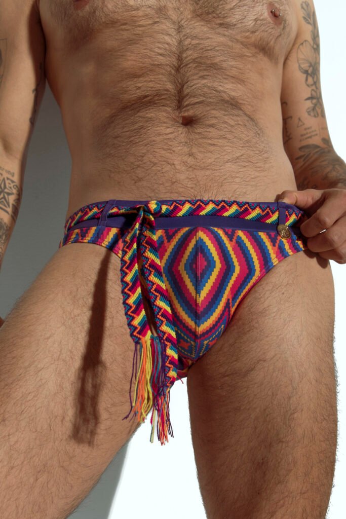 Limited edition men's swim brief with handwoven Wayuu belt, exclusive design for gay men, inspired by Colombian indigenous culture