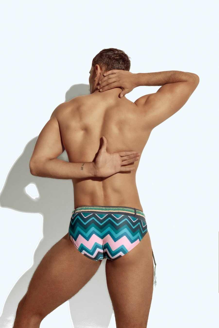 Limited edition men's swim brief with handwoven Wayuu belt, exclusive design for gay men, inspired by Colombian indigenous culture