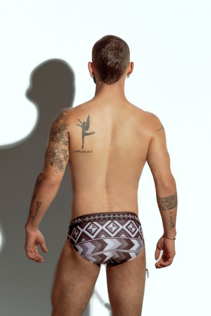 Limited edition men's swim brief with handwoven Wayuu belt, exclusive design for gay men, inspired by Colombian indigenous culture