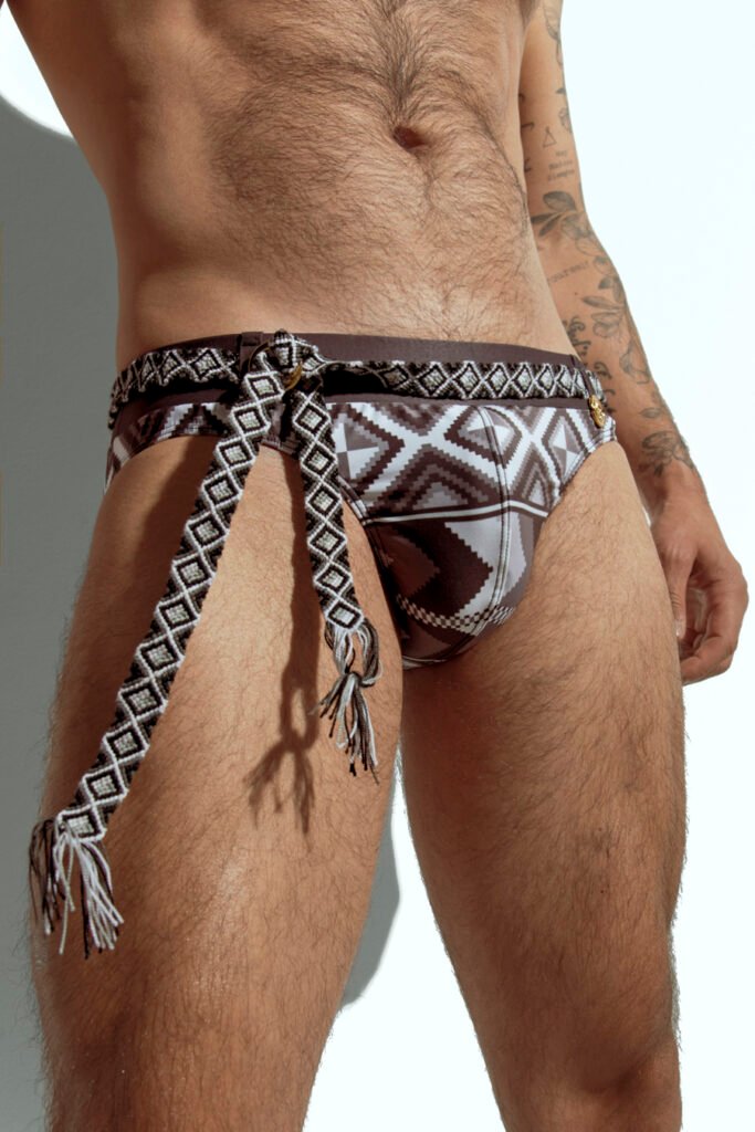 Limited edition men's swim brief with handwoven Wayuu belt, exclusive design for gay men, inspired by Colombian indigenous culture