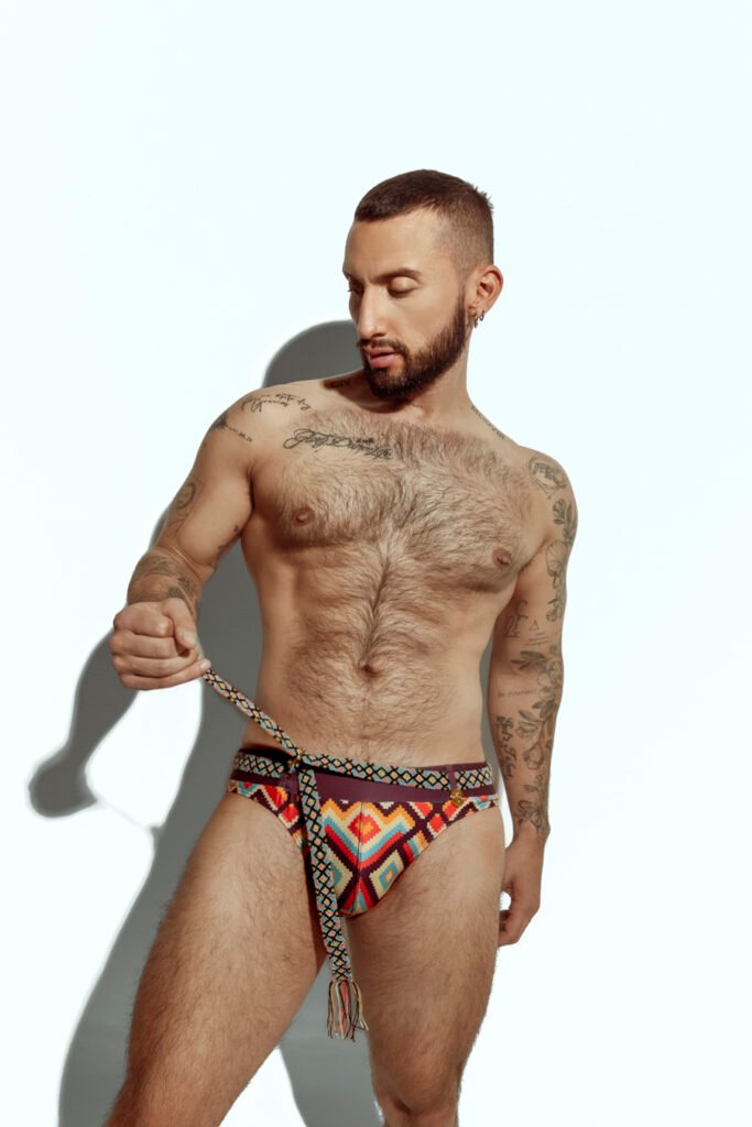 Limited edition men's swim brief with handwoven Wayuu belt, exclusive design for gay men, inspired by Colombian indigenous culture