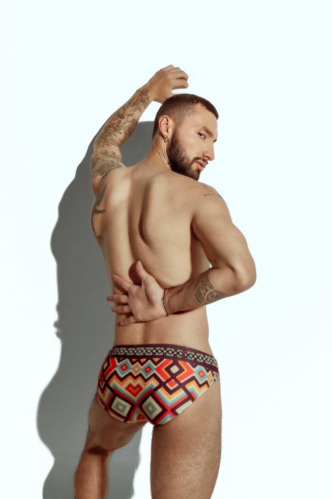 Limited edition men's swim brief with handwoven Wayuu belt, exclusive design for gay men, inspired by Colombian indigenous culture