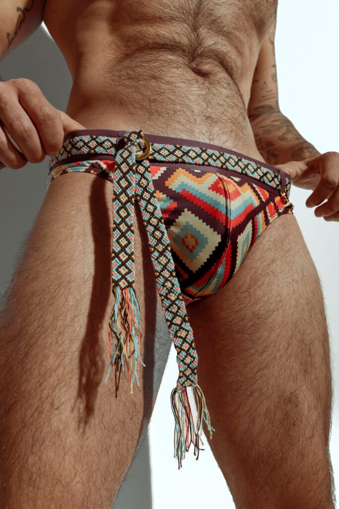 Limited edition men's swim brief with handwoven Wayuu belt, exclusive design for gay men, inspired by Colombian indigenous culture