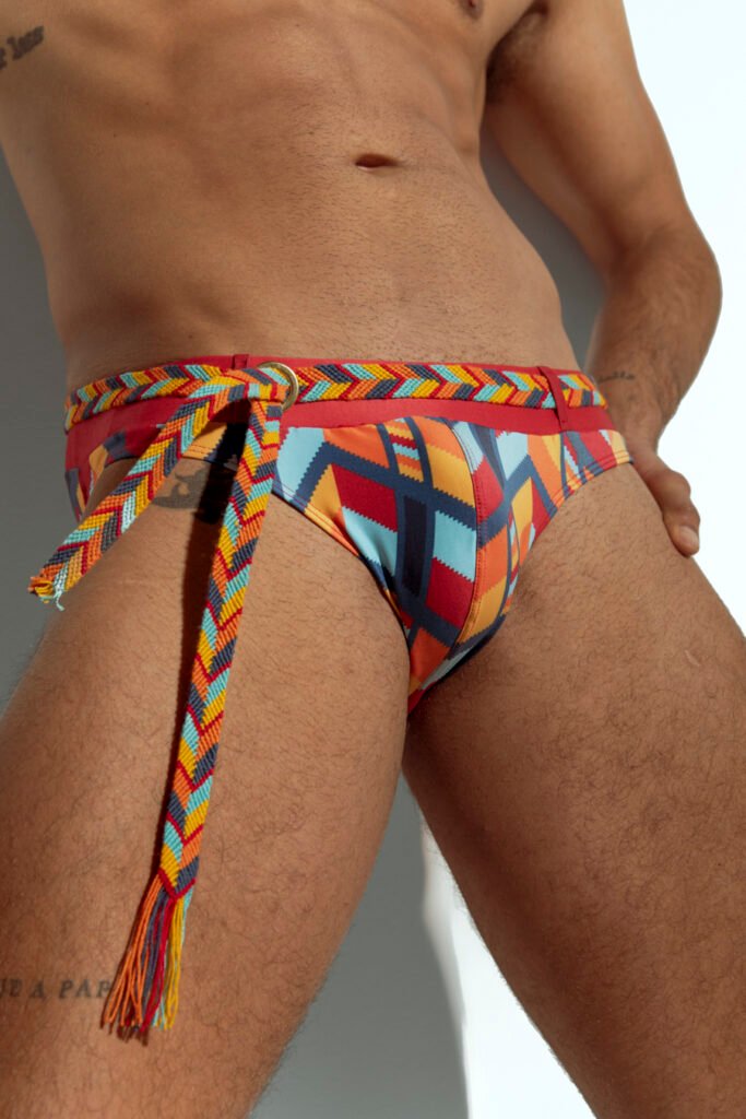 Limited edition men's swim brief with handwoven Wayuu belt, exclusive design for gay men, inspired by Colombian indigenous culture