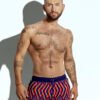 Men's swim short with vibrant rainbow stripe pattern, designed for gay men looking for bold and colorful beachwear