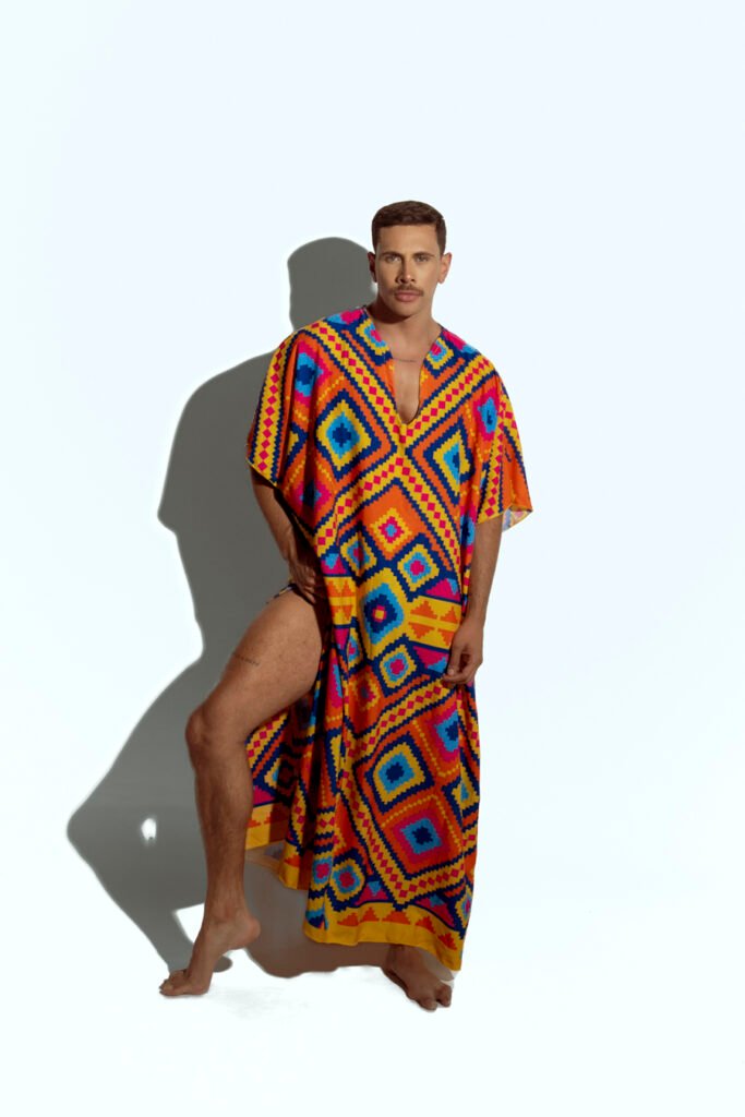 Men's vibrant geometric caftan, perfect for beachwear or resort fashion, designed for gay men who love bold, statement-making style