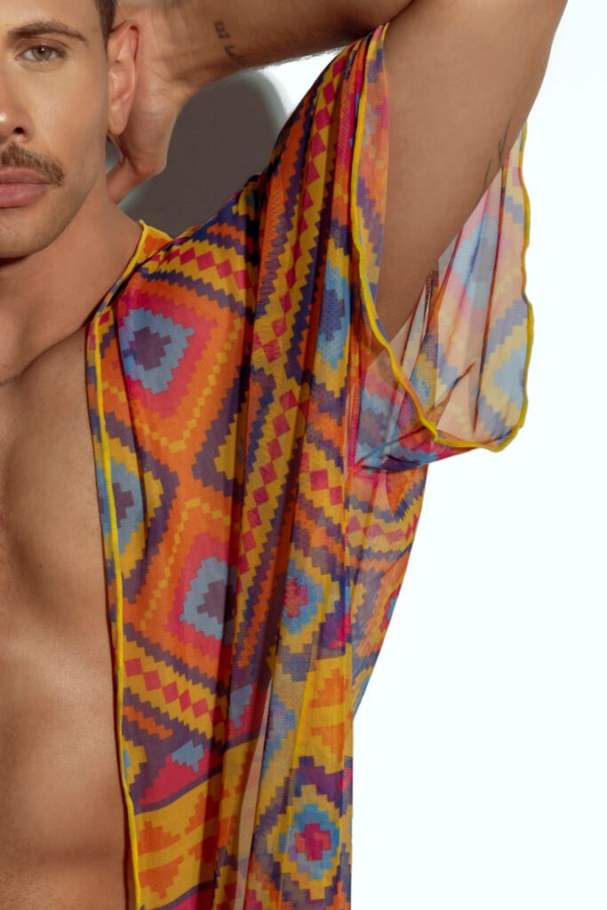 Men's sheer geometric cover-up, perfect for stylish beachwear or poolside fashion, designed for gay men who embrace bold, unique looks