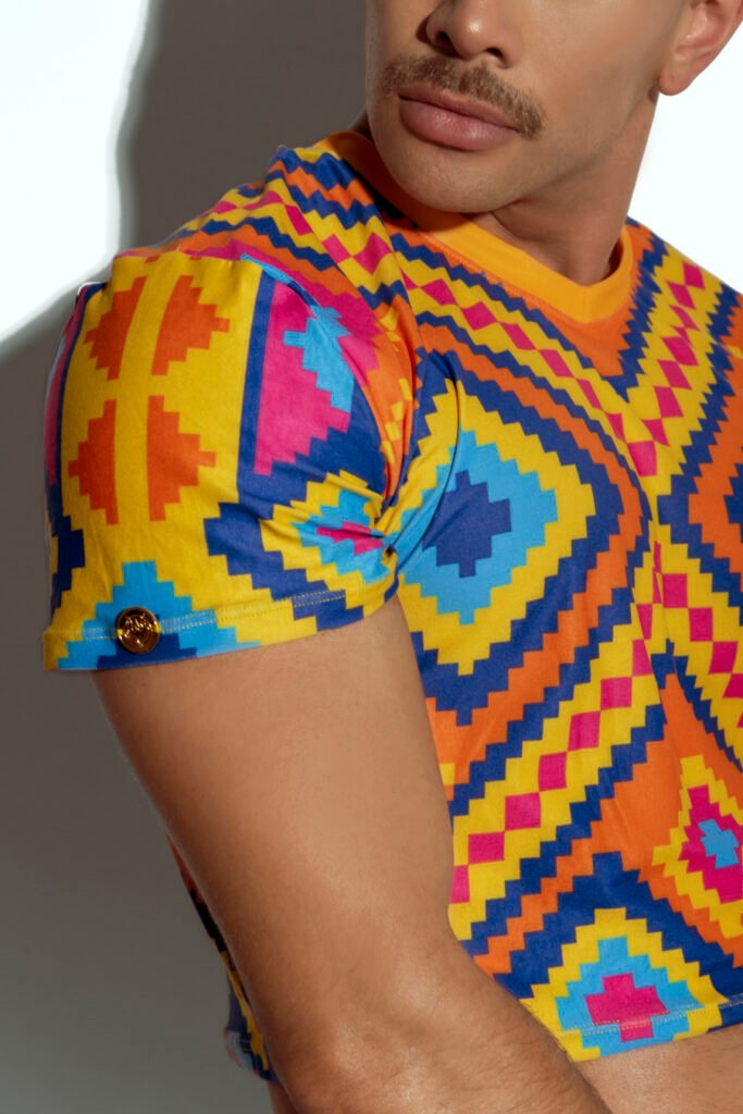 Men's crop top with bold geometric patterns, perfect for fashion-forward gay men seeking unique, trendsetting apparel