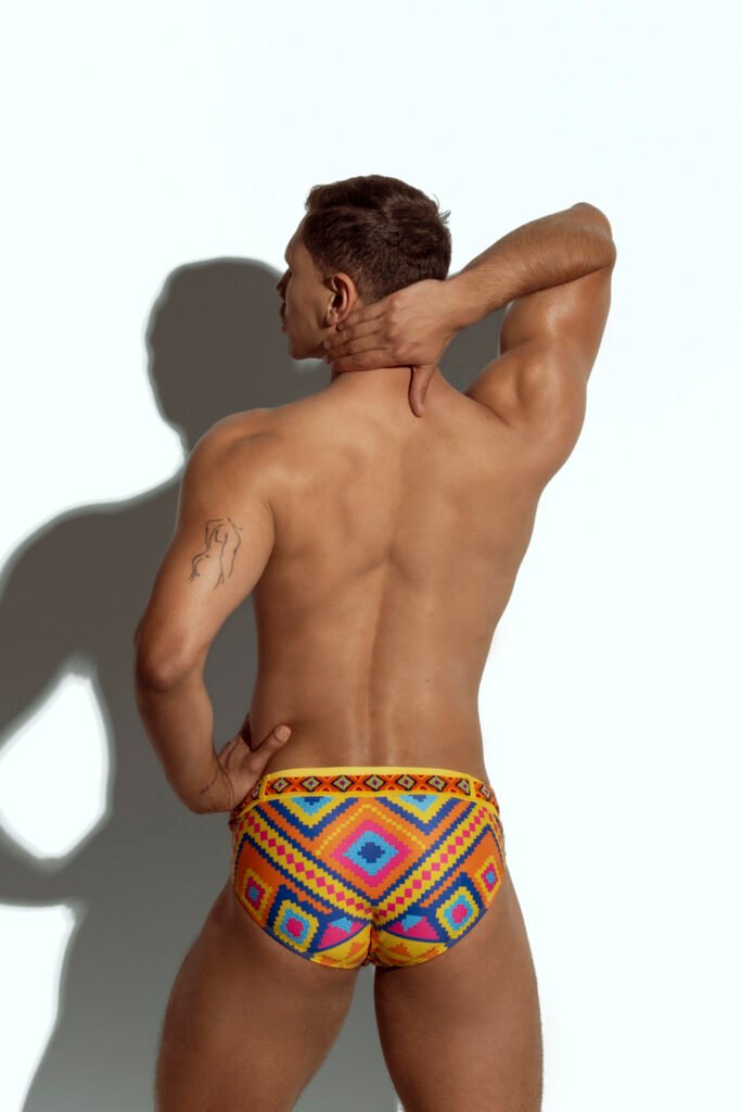 Limited edition men's swim brief with handwoven Wayuu belt, exclusive design for gay men, inspired by Colombian indigenous culture