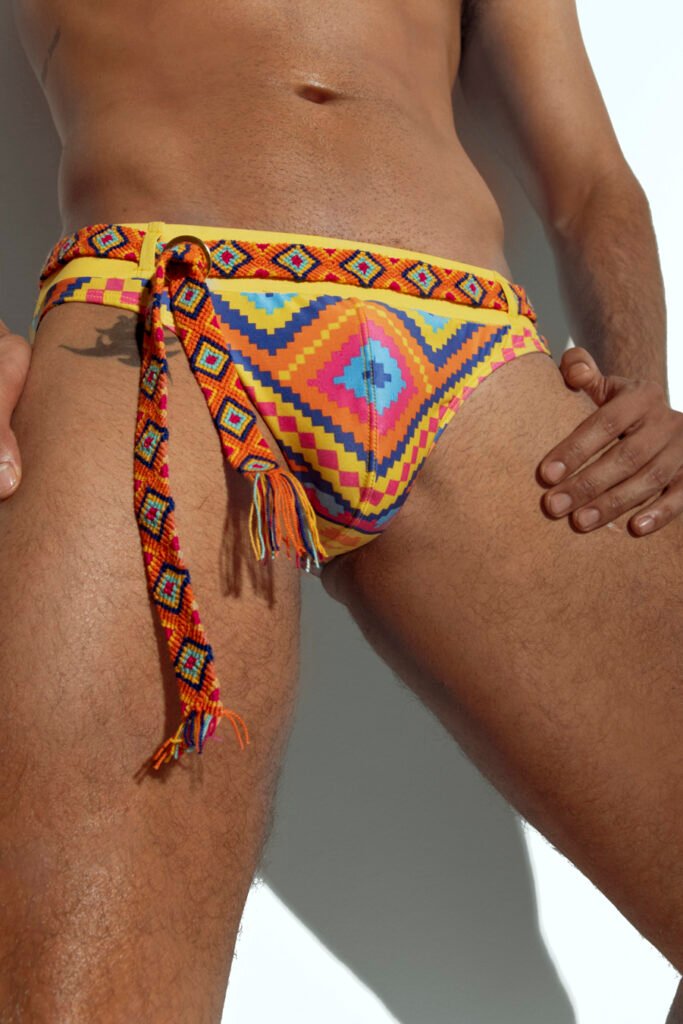 Limited edition men's swim brief with handwoven Wayuu belt, exclusive design for gay men, inspired by Colombian indigenous culture